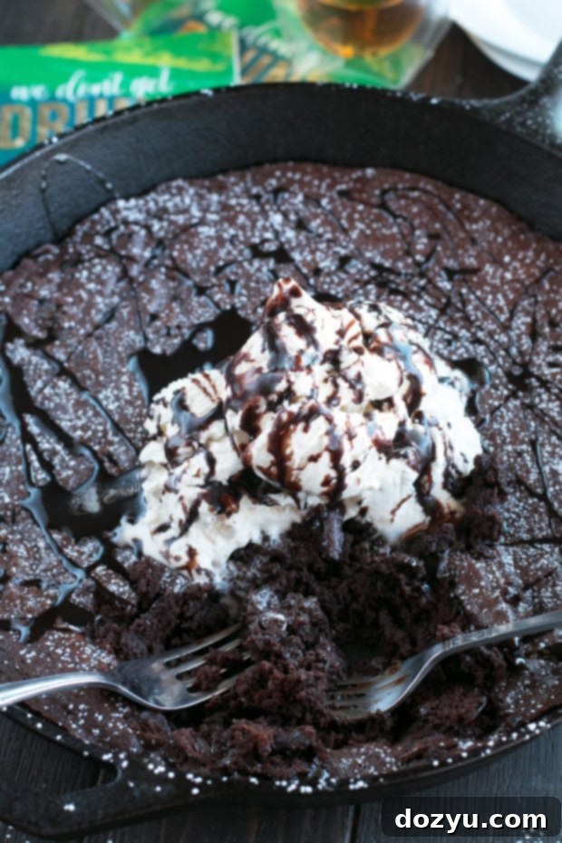 Close-up of Whiskey Skillet Brownie, showing its rich, chocolatey interior