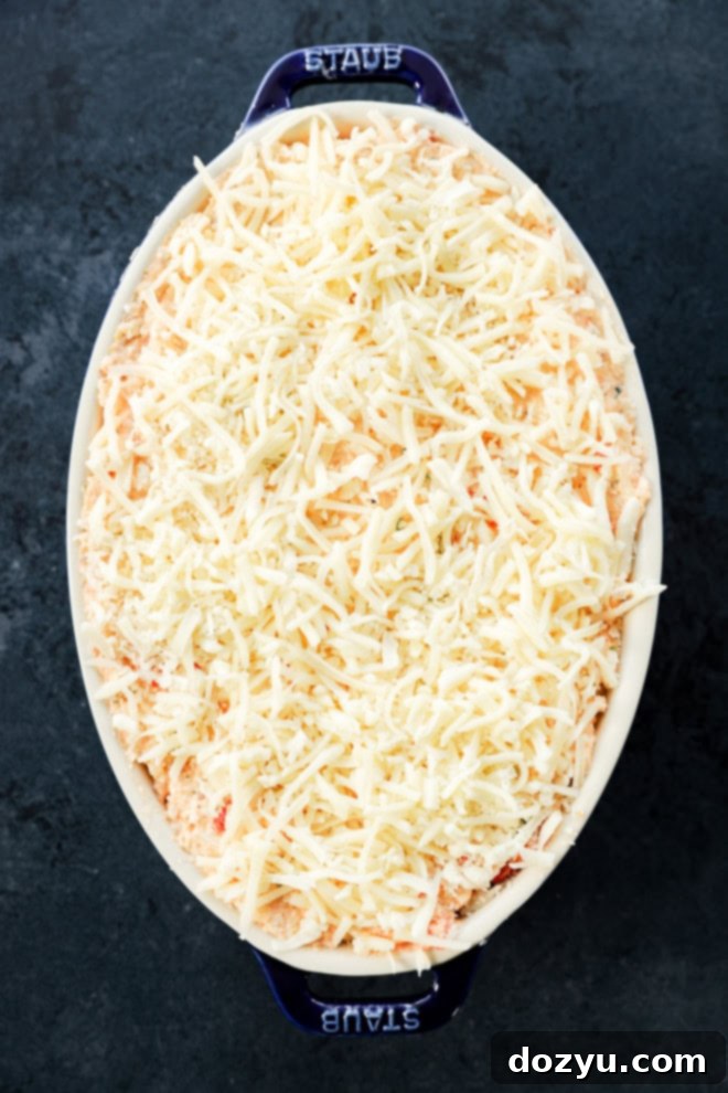 four cheese pizza dip recipe in dish before baking