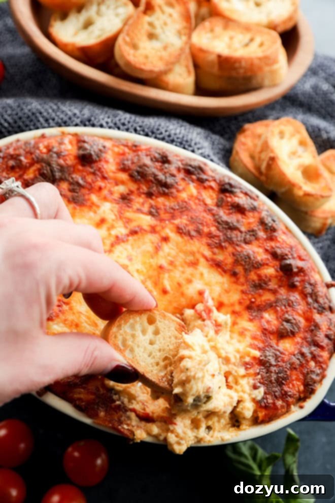 hand holding crostini to dunk into a baking dish of four cheese