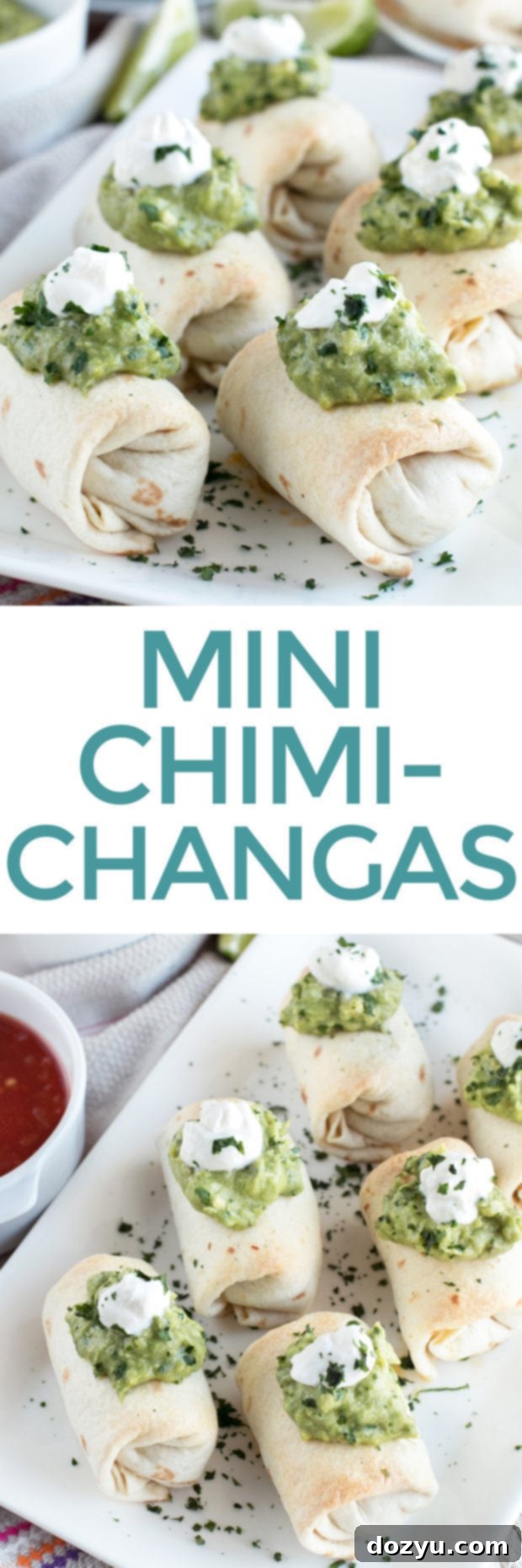 Pin graphic for Baked Mini Chimichangas with Creamy Spicy Guacamole, perfect for saving