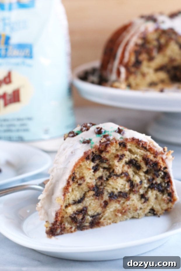 Bailey's Chocolate Chip Bundt Cake on plate with fork, showing its rich texture and chocolate chips.