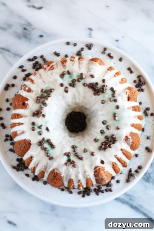 Overhead shot of Bailey's Chocolate Chip Bundt Cake, showcasing its elegant form and chocolate chip distribution.