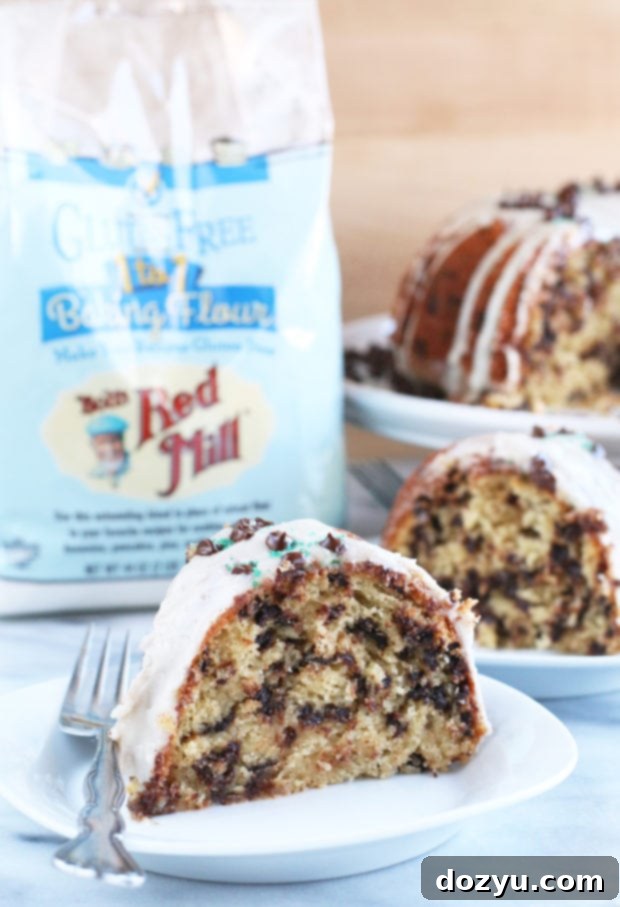 Ingredients for Bailey's Chocolate Chip Bundt Cake with Bob's Red Mill gluten free flour prominently displayed.
