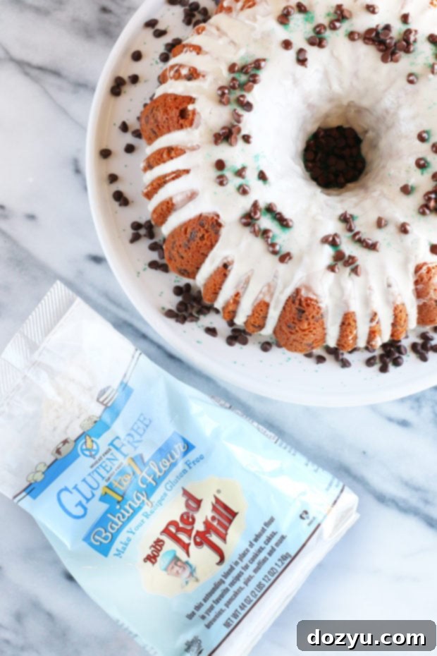 Bailey's Chocolate Chip Bundt Cake styled for promotion, highlighting its golden crust and glaze.