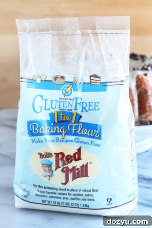 A close-up of Bob's Red Mill Gluten Free 1-to-1 Baking Flour, showing its fine texture.