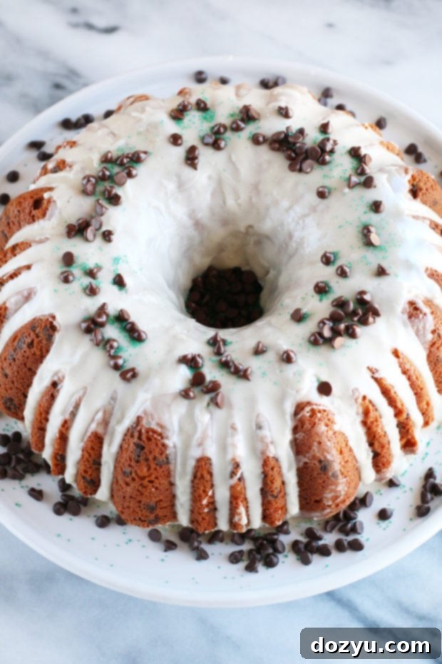 Bailey's Chocolate Chip Bundt Cake beautifully presented on a cake stand.
