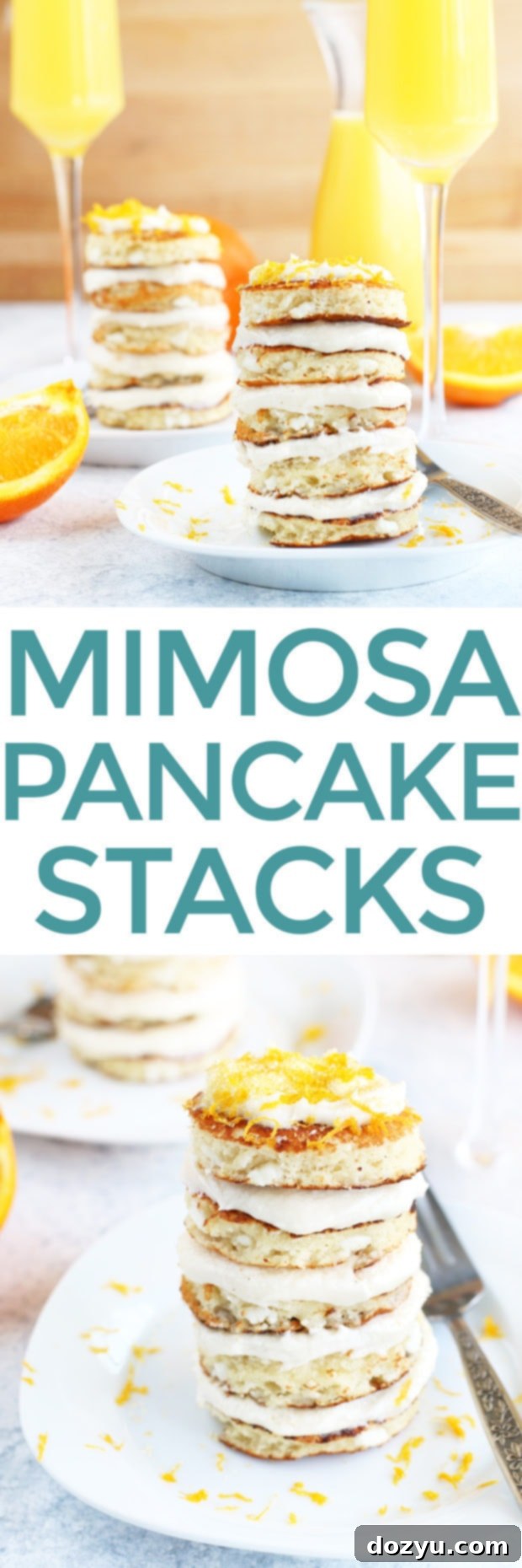 Pinterest optimized image for Mimosa Pancake Stacks recipe