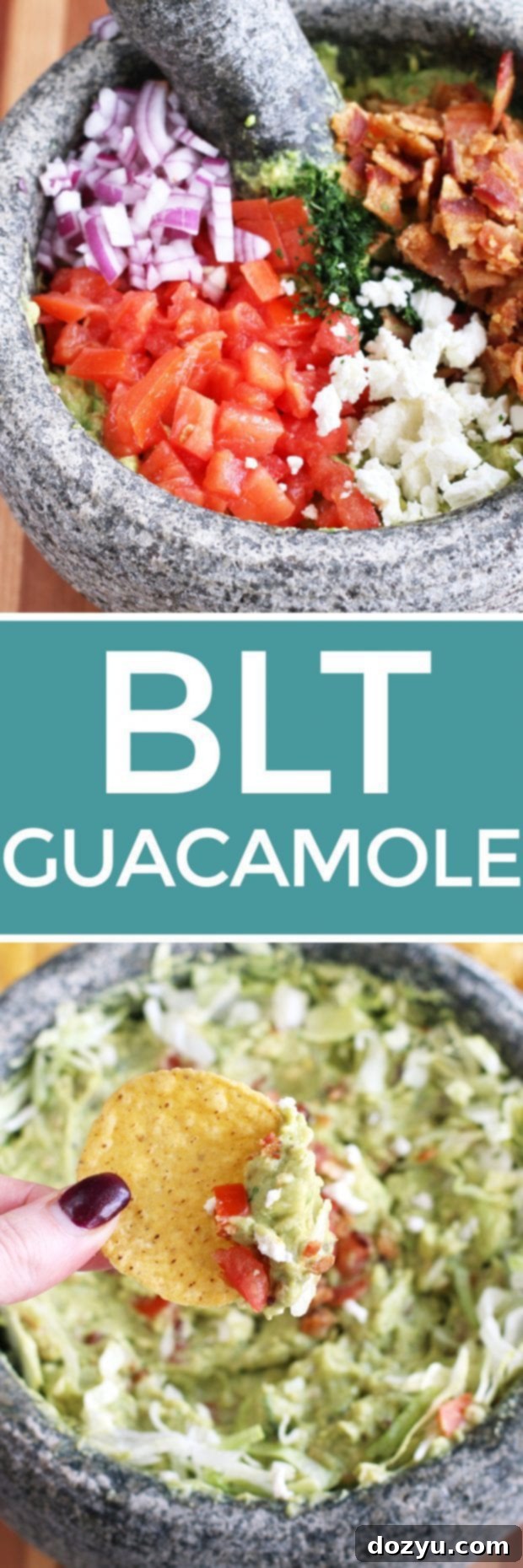Pinterest graphic for BLT Goat Cheese Guacamole, encouraging saving the recipe.