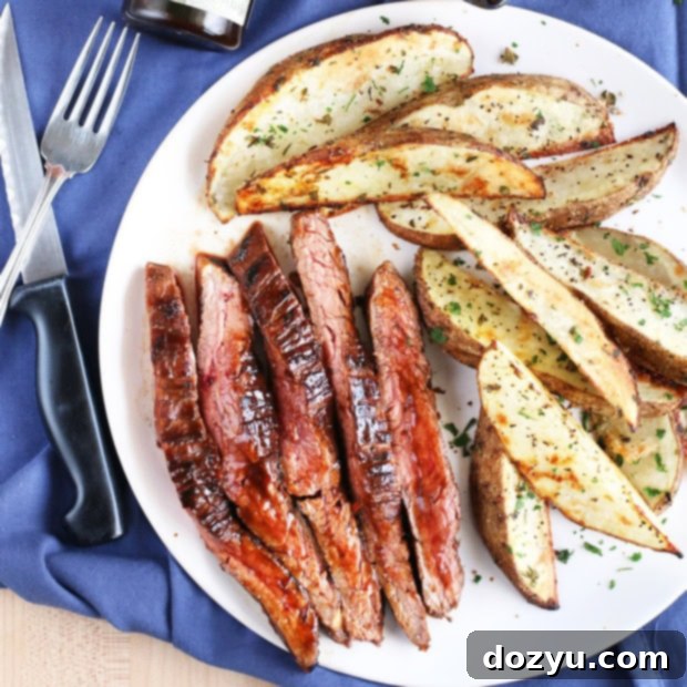 Balsamic Glazed Grilled Flank Steak with Herb Steak Fries