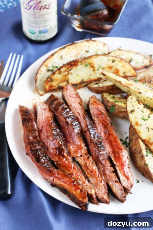 Balsamic Glazed Grilled Flank Steak with Herb Steak Fries