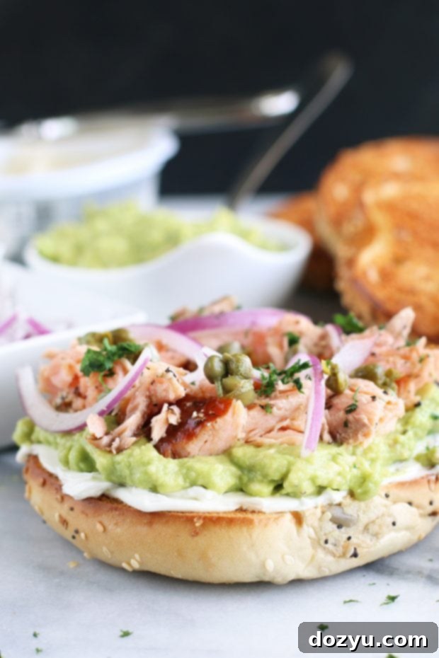 Smoked Salmon Avocado Cream Cheese Bagel with fresh ingredients