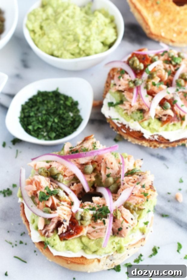 Serving Smoked Salmon Avocado Cream Cheese Bagels