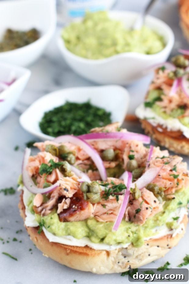Smoked Salmon Avocado Cream Cheese Bagels ready to eat