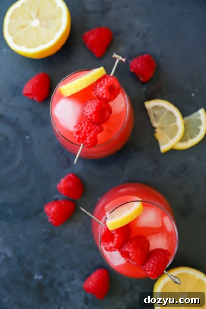 Overhead shot of a refreshing raspberry cocktail in a glass, garnished with fresh raspberries and a lemon slice.
