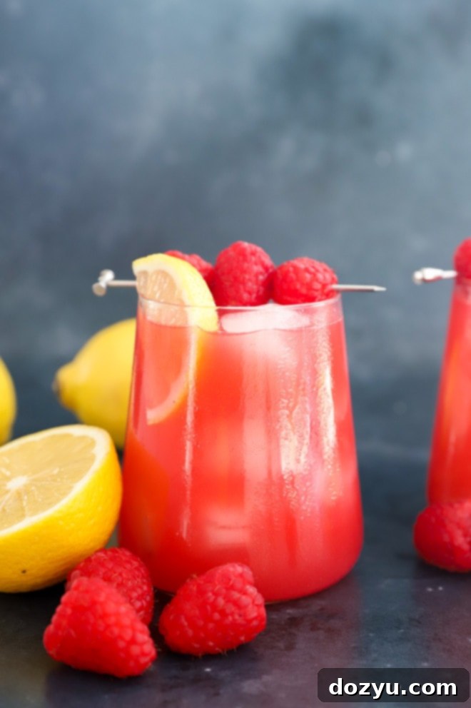 Side view of Raspberry Vodka Lemonade in a glass, with ice, lemon slices, and fresh raspberries, capturing the refreshing essence.