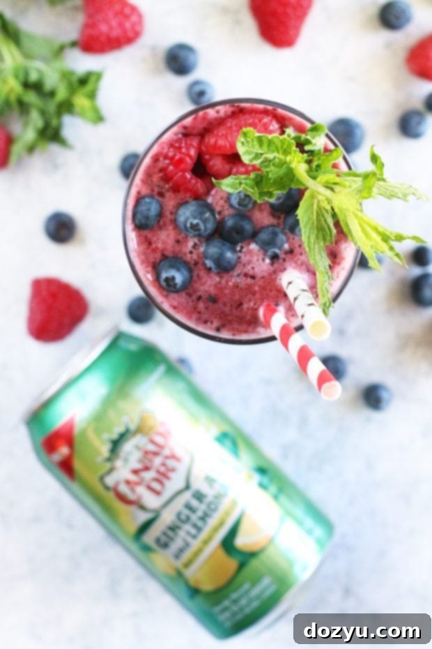 A vibrant Mixed Berry Ginger Lemonade Frozen Mocktail, garnished with fresh berries and mint.