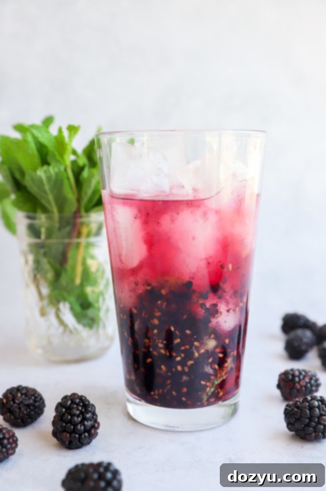 Image of a blackberry gin cocktail being prepared in a cocktail shaker, illustrating the mixing process before serving.