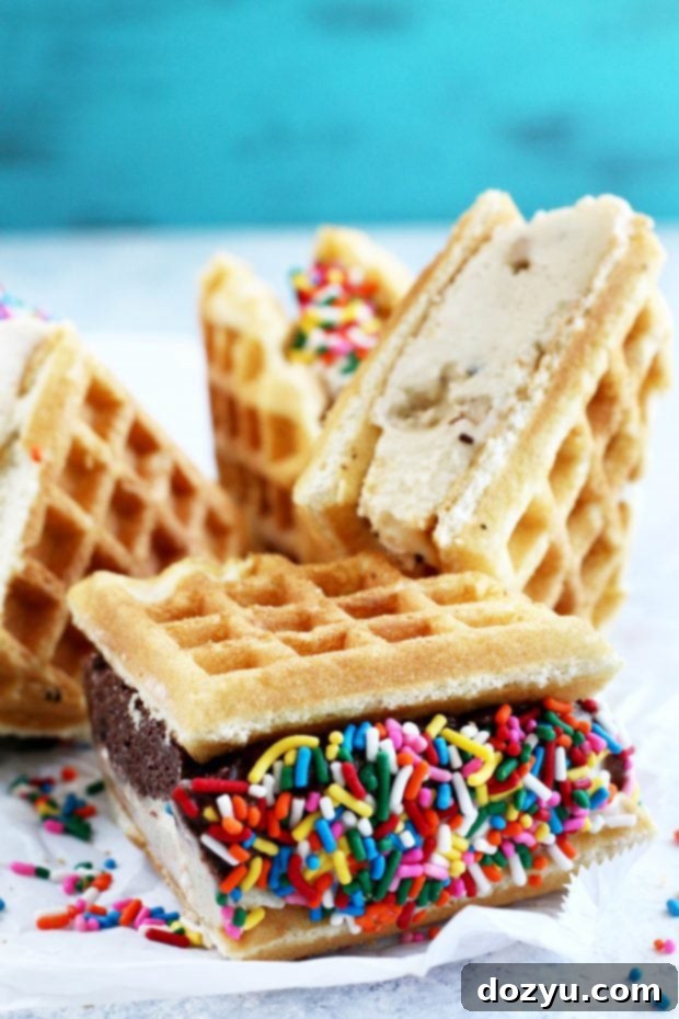Two Belgian Waffle Ice Cream Sandwiches on a white plate