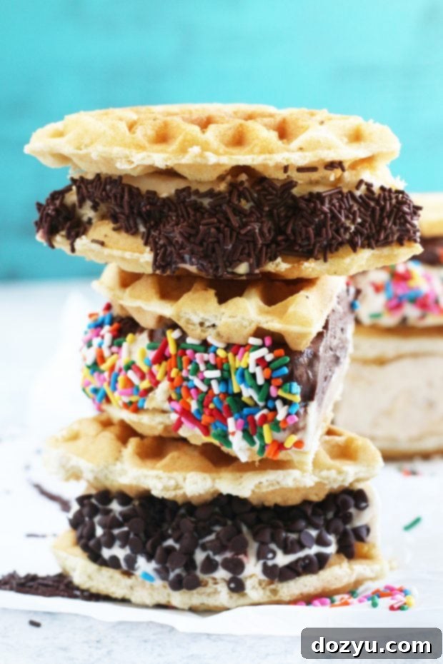 Close-up of a single Belgian Waffle Ice Cream Sandwich