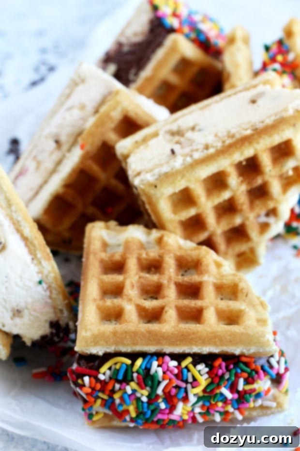 Variety of Belgian Waffle Ice Cream Sandwiches with different toppings