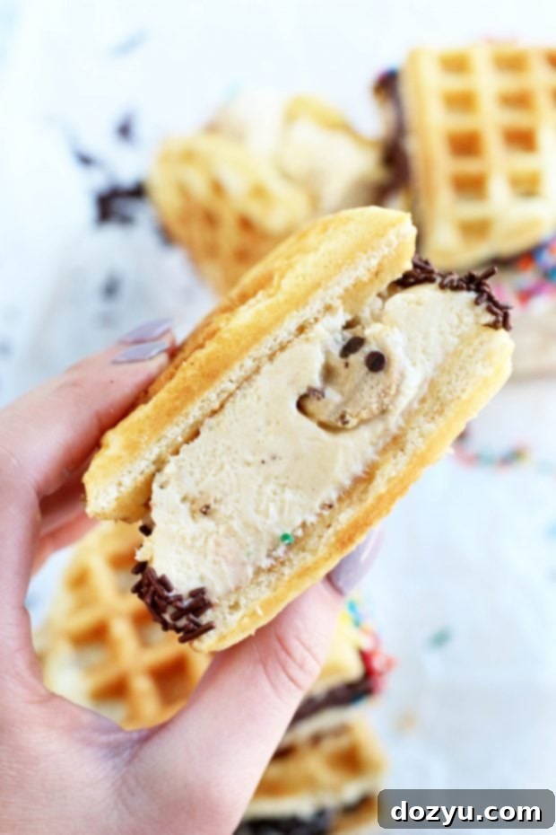 Belgian Waffle Ice Cream Sandwich with cookie dough ice cream