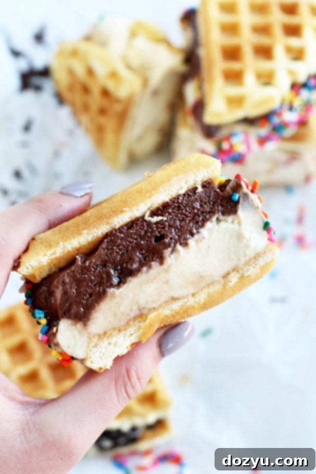 Belgian Waffle Ice Cream Sandwiches with layered ice cream flavors