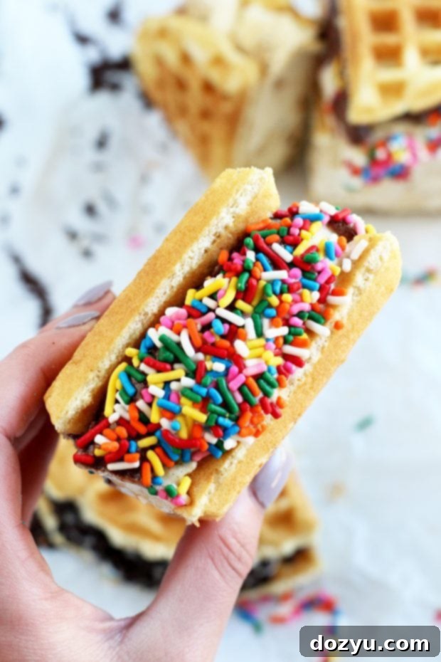 Belgian Waffle Ice Cream Sandwiches rolled in sprinkles