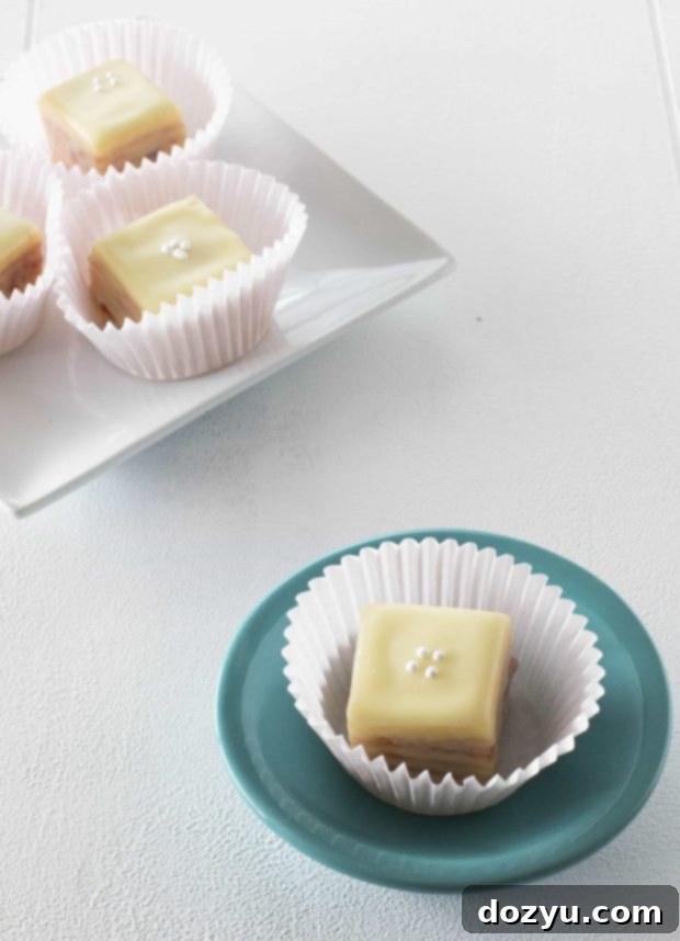Easy Easter Petit Fours with layered pound cake and jelly.