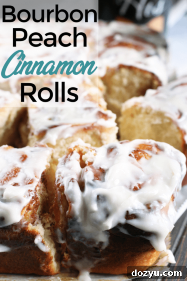 Luscious Bourbon Peach Cinnamon Rolls 9 Pinterest graphic featuring Bourbon Peach Cinnamon Rolls to pin the recipe