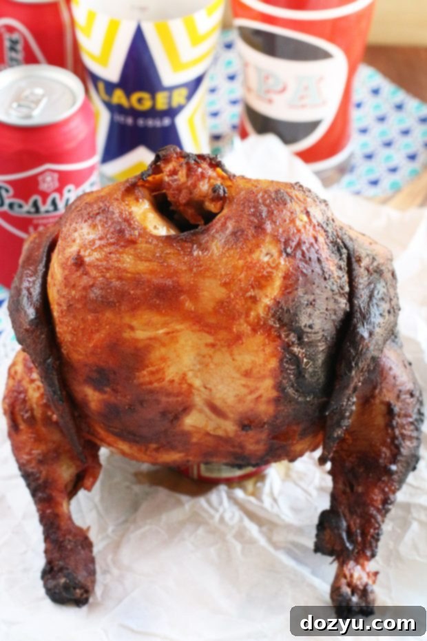 Delicious Beer Brined Beer Can Chicken on a platter