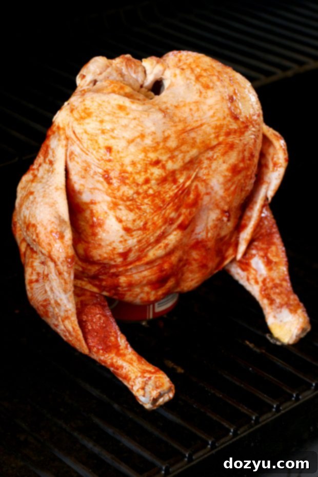 Close-up of Beer Brined Beer Can Chicken ready for dry rub