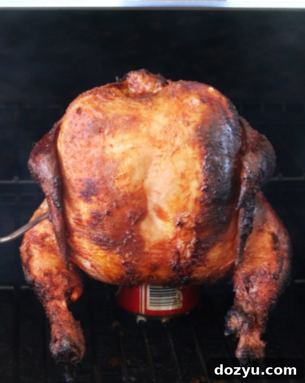 Side view of Traeger grill cooking Beer Brined Beer Can Chicken