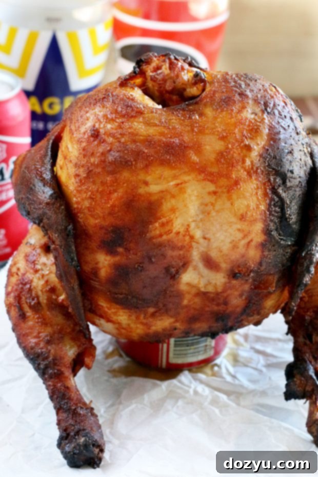 Close-up of crispy skin on Beer Brined Beer Can Chicken