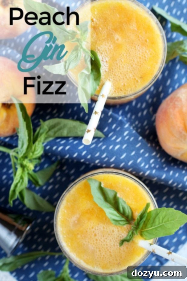 Caramelized Peach Gin Fizz 8 Pin for Roasted Peach Gin Fizz recipe with cocktail glasses, peaches, and basil
