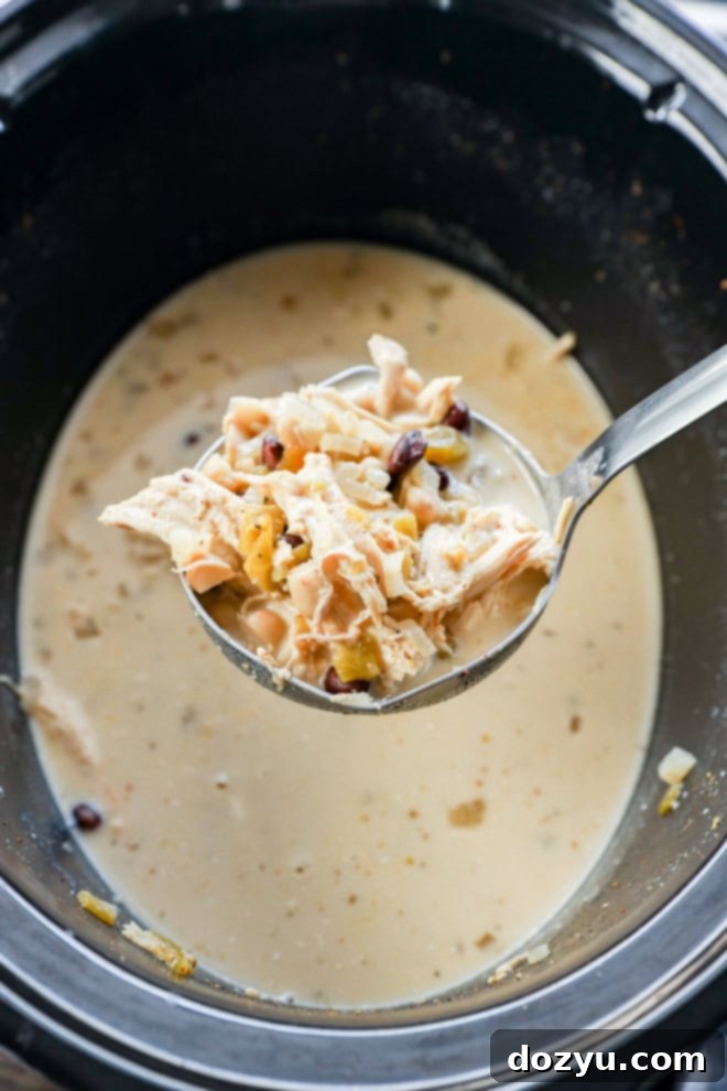 Dreamy Slow Cooker White Chicken Chili 7 A ladle scooping steaming creamy white chicken chili from a crockpot, highlighting its rich texture and color.