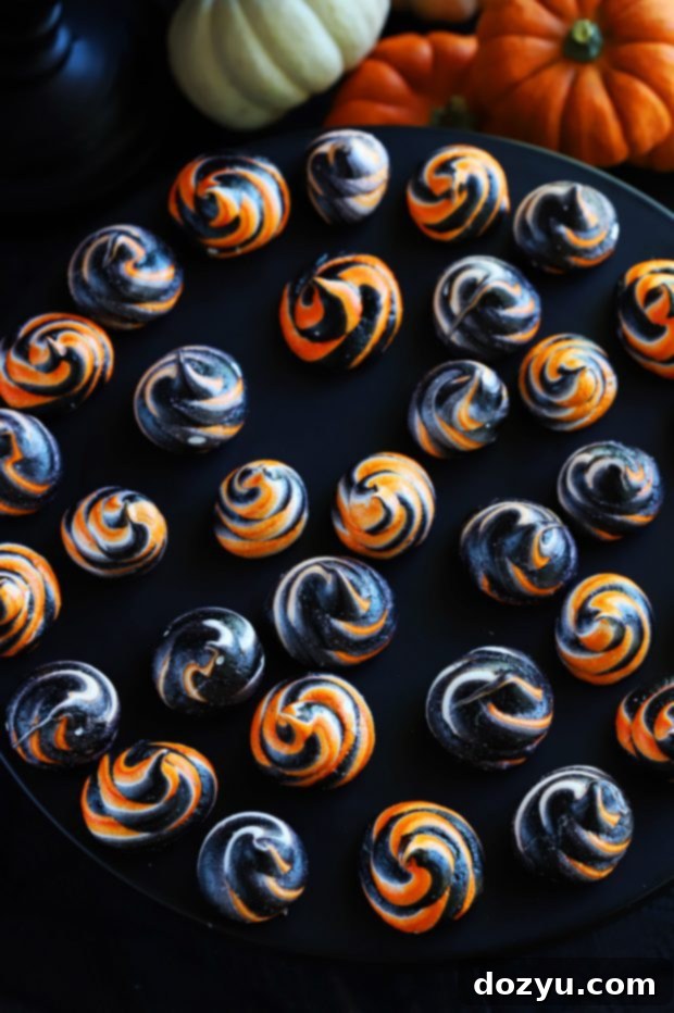 Another view of the orange and black Halloween meringue swirls