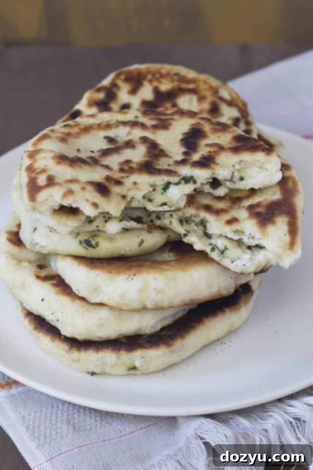Close-up of golden brown homemade cheese and herb stuffed naan