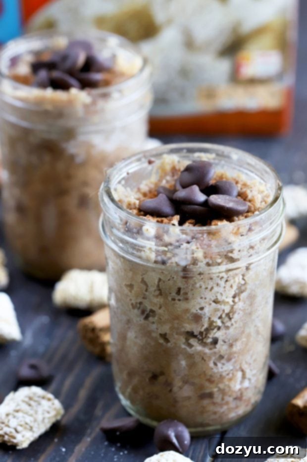 Rich Chocolate Cinnamon Overnight Oats made with Frosted Mini-Wheats in a glass jar