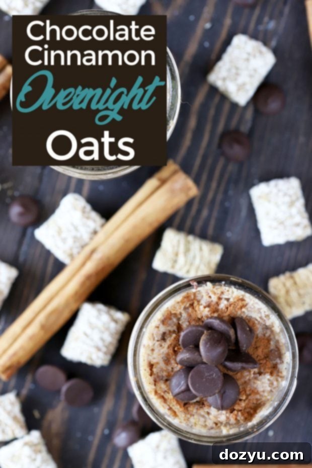 Pinterest graphic: Delicious Chocolate Cinnamon Overnight Oats in a jar