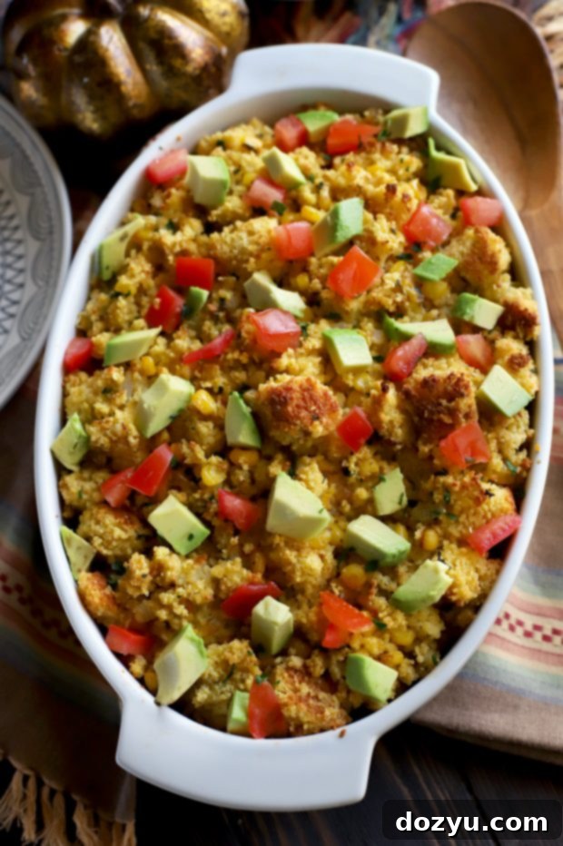Southwestern Green Chile Cornbread Stuffing 8 Green Chile Cornbread Stuffing casserole ready to serve