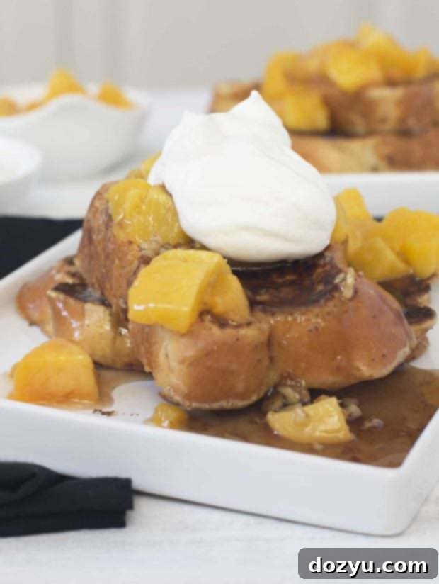 Roasted Peaches and Cream French Toast with Toasted Pecan Maple Syrup