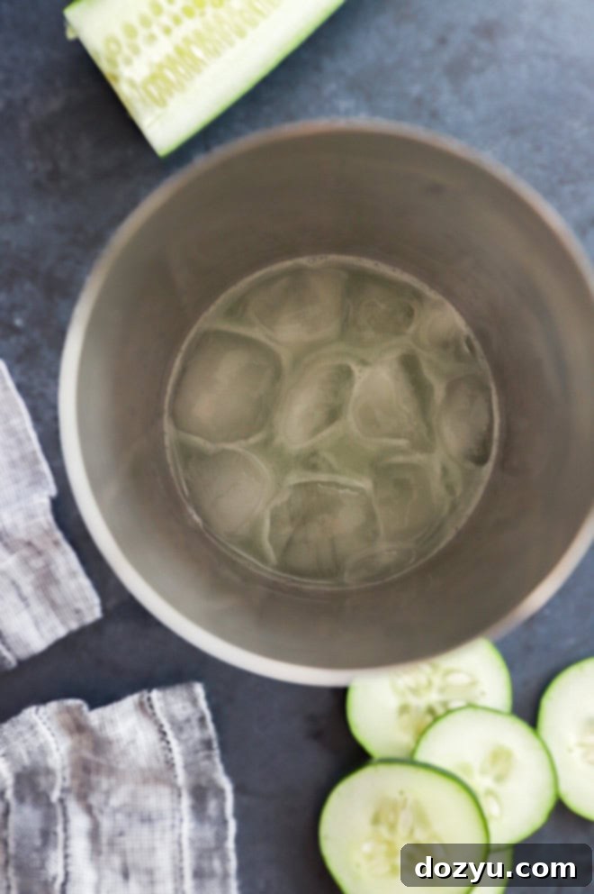 cucumber martini in a shaker filled with ice