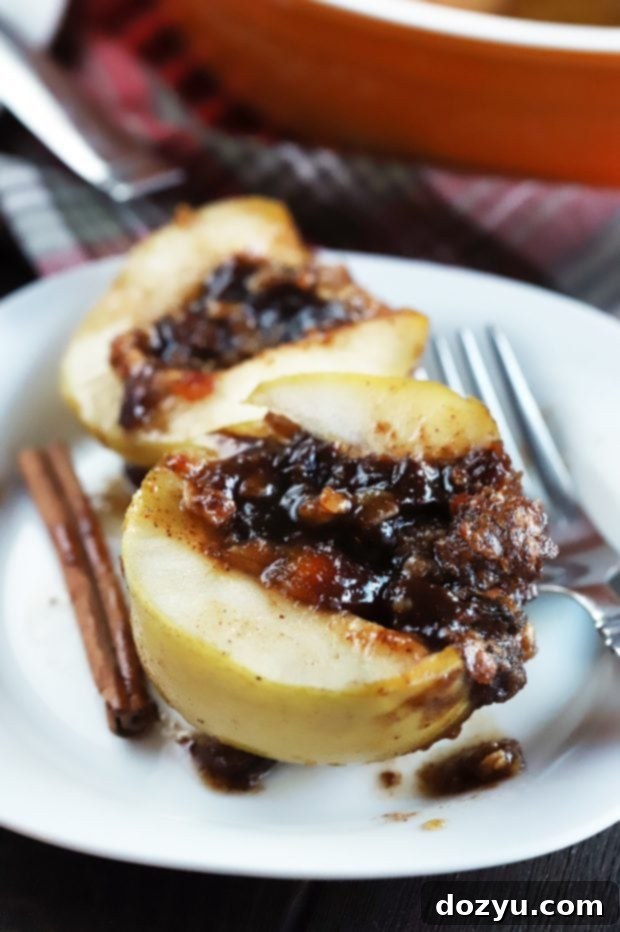 Close-up of a single Stuffed Baked Apple, ready to eat