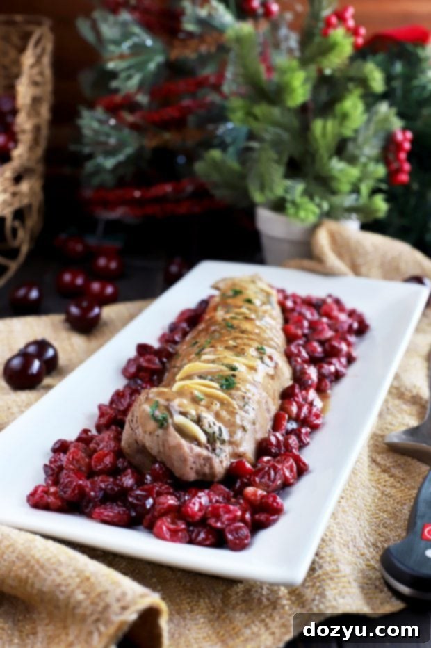 Plated Roasted Garlic Pork Tenderloin with Cranberries and pan sauce