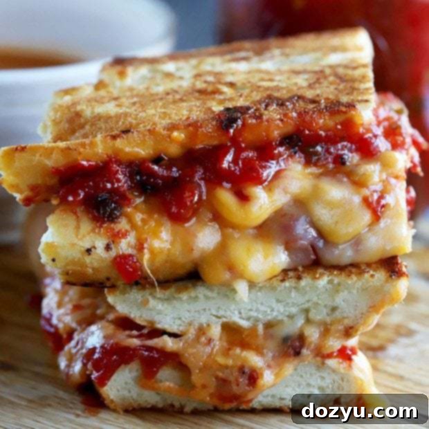 Inverted French Baguette Grilled Cheese with Chunky Tomato Jalapeño Jam