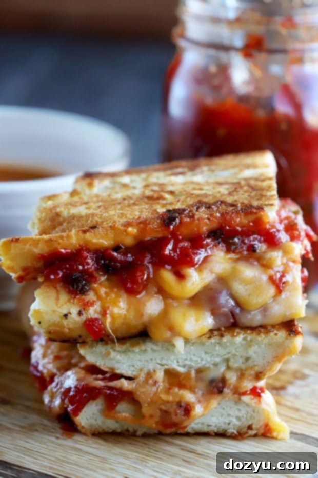 Inverted French Baguette Grilled Cheese with Chunky Tomato Jalapeño Jam
