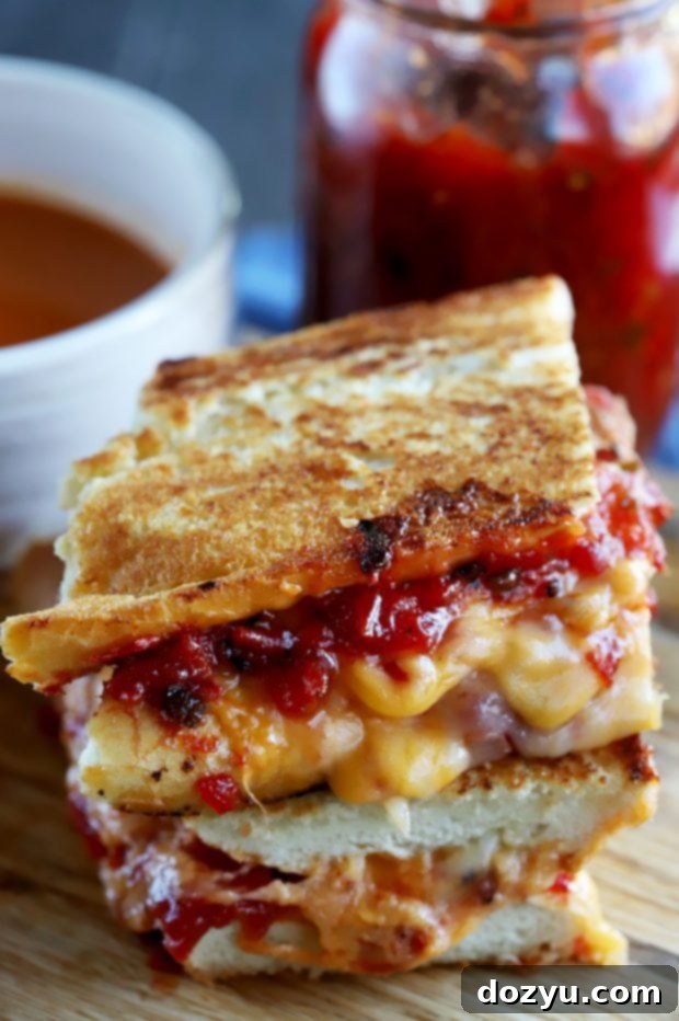 Inverted French Baguette Grilled Cheese with Chunky Tomato Jalapeño Jam