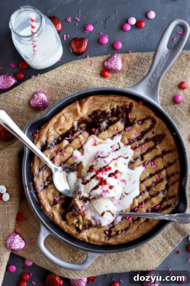 Cozy Pizookie Skillet For Two 2 Warm and gooey Pizookie Skillet topped with ice cream and hot fudge, perfect for two