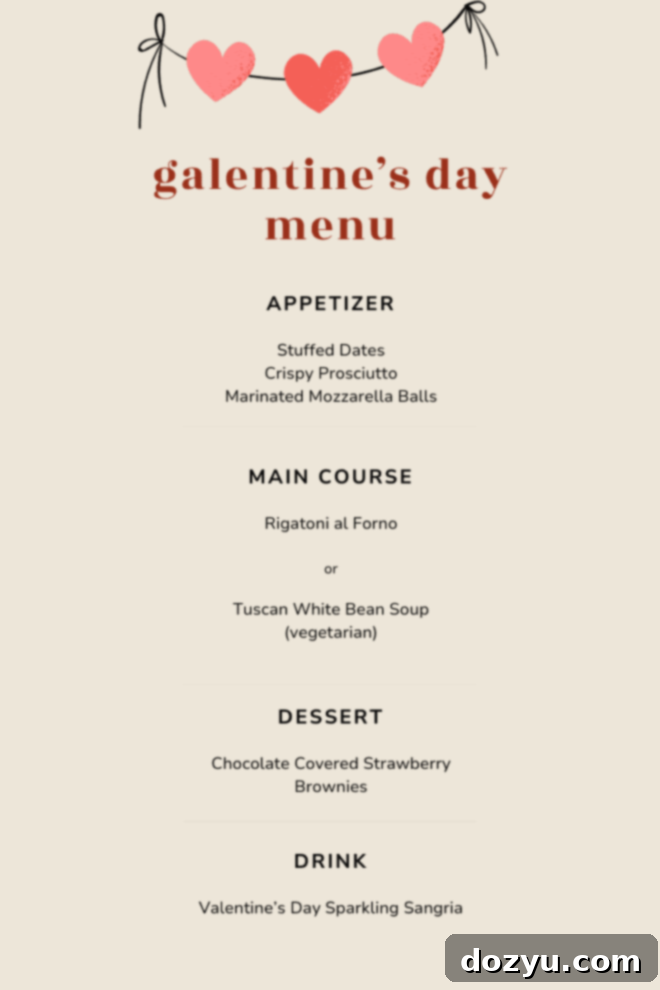 Galentine's Day menu spread with appetizers and drinks