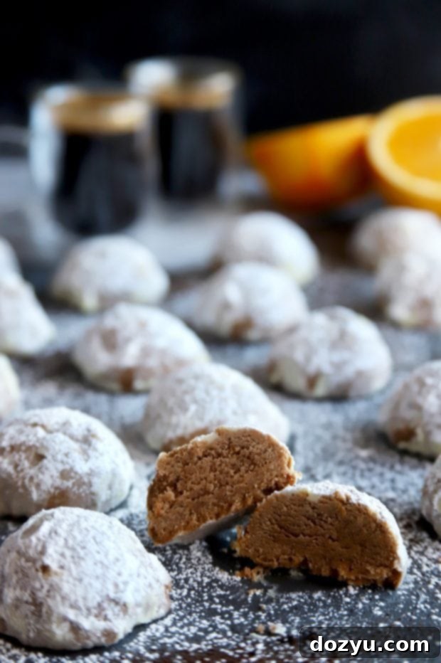 A close-up shot of a Mocha Orange Mexican Wedding Cookie, showcasing the fine powdered sugar and the cookie's spherical shape.